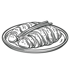 Traditional sliced roast duck served on a round plate with scallion garnish. Engraved monochrome style. Outline vector illustration for restaurant menu, packaging, or food design.