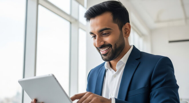 Smiling Indian businessman working on tablet. Professional entrepreneur in modern office. Young adult male using digital device for business. Corporate success. Technology concept.