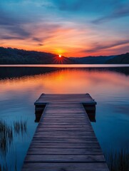Fototapeta premium Peaceful sunset at a lake with wooden dock. Silhouette of the dock against the evening sky.