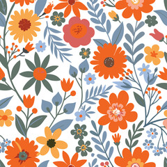 A seamless and vibrant floral pattern featuring various colorful flowers and leaves