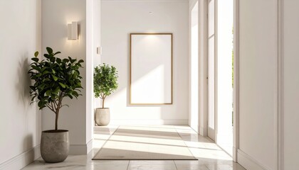 Bright hallway with marble floor plants and framed blank canvas for art display
