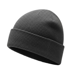 A charcoal grey wool cuffed knit beanie with fine stitching and folded brim, presented in a precise 3/4 view on a transparent, isolated studio background with even, shadowless lighting, ideal for