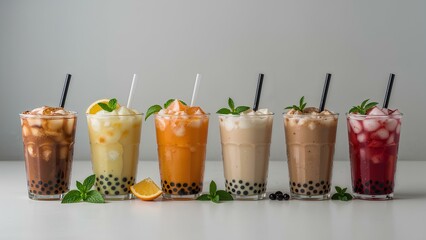 a vibrant lineup of colorful bubble tea drinks in clear glasses, arranged in a row against a smooth, gray background 
