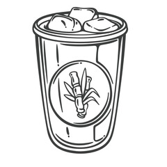 Glass of sugar cane juice with ice cubes and bamboo logo, drawn in classic outline engraving style. Outline vector illustration for beverage labels, menus, or street food packaging.