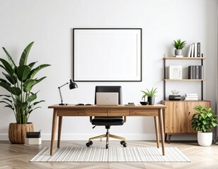 Bright home office setup with wooden desk plants and blank picture frame