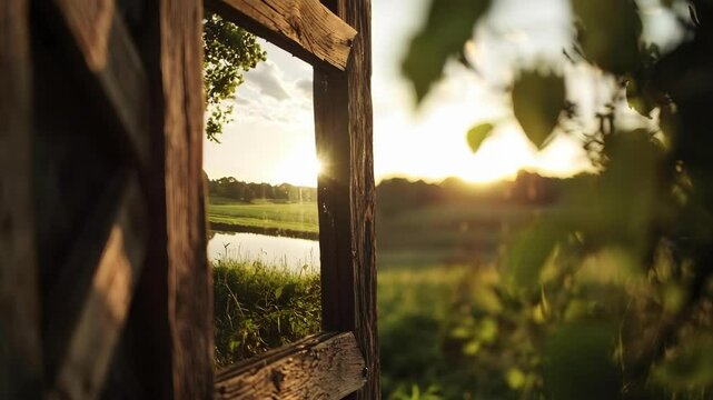 A rustic wooden frame reflects a serene landscape with a pond and sunset, surrounded by greenery.