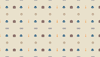 Seamless pattern with tie, hat, watch, briefcase, and glasses. Modern background for Father's Day. Happy Father's Day card. Modern minimal design.