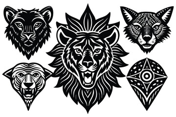 Black and White Wild Animal Icons Set – Tiger, Lion, Wolf, and Predator Logo Collection