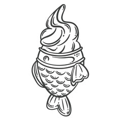 Fish-shaped taiyaki cone filled with creamy soft serve ice cream, detailed in monochrome engraving style. Outline vector illustration for dessert shop, menu, or packaging design.
