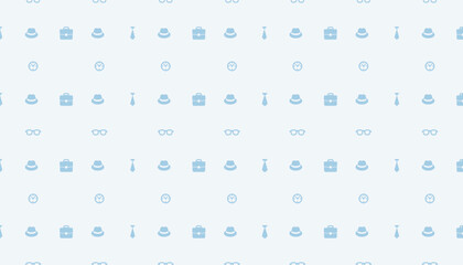 Seamless pattern with tie, hat, watch, briefcase, and glasses. Modern background for Father's Day. Happy Father's Day card. Modern minimal design.