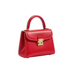 A miniature red leather top-handle bag with gold hardware, structured silhouette, and glossy finish, captured in ultra realistic UHD product photography against a transparent isolated background with