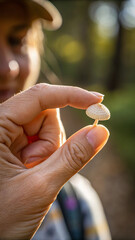 A tiny mushroom is held delicately between fingers demonstrating nature's miniature beauty
