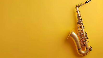 Naklejka premium A golden saxophone on a yellow background, Saxophone isolated on a yellow background