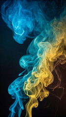 Fototapeta premium Abstract blue and yellow smoke art rising against a dark, dramatic background