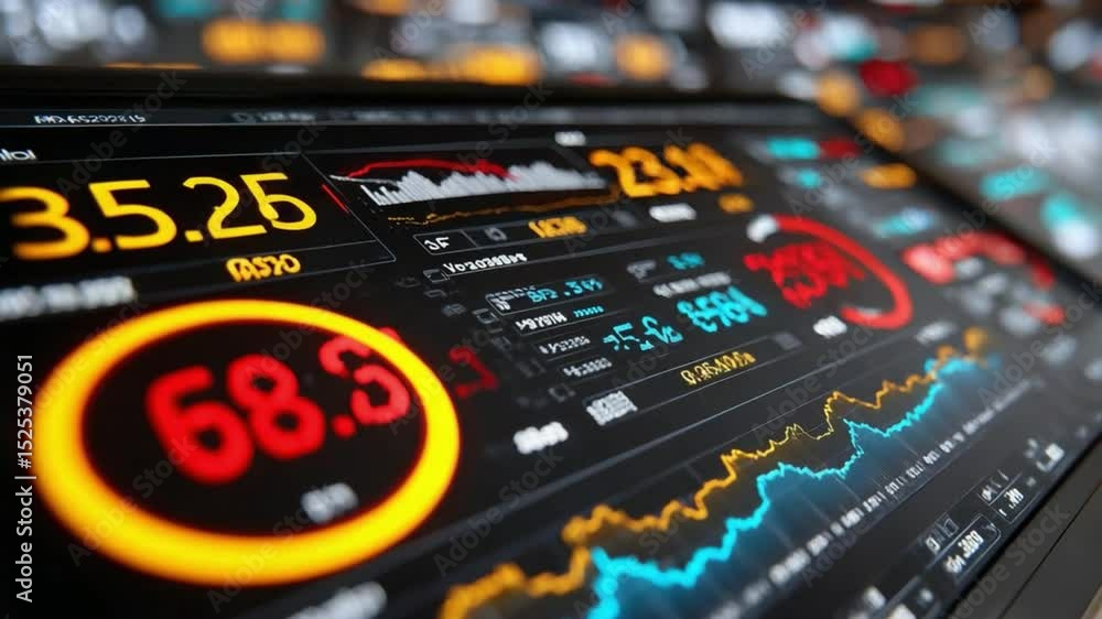 Poster market monitor: high-tech dashboard displaying real-time financial data and graphs, illustrating mar