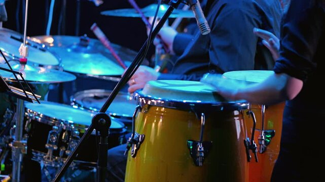 Close-up of a girl playing the congas and a drummer behind a drum kit. A vibrant live music scene featuring the rhythm section