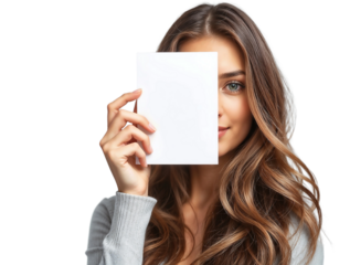 Portrait of a beautiful woman holding a blank paper isolated on transparent background