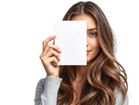 Portrait of a beautiful woman holding a blank paper isolated on transparent background