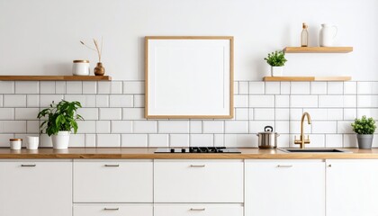 Bright kitchen with white cabinets wooden countertop and blank picture frame