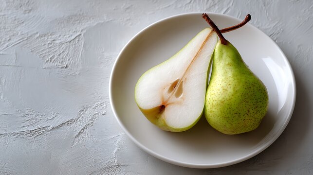 Sliced and Whole Pear on a White Plate