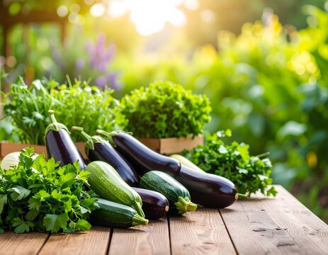 Fresh vegetables on a wooden table in garden setting