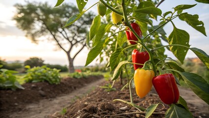 Mini Bell Pepper Plant with Colorful Fruits in Garden