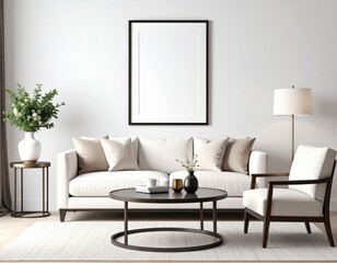 Bright living room interior with white sofa armchair round table and framed art
