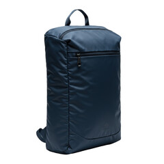 deep navy blue foldable travel backpack made of ripstop nylon, featuring comfortable straps and padded back, standing upright on a transparent background with shadowless studio lighting, product