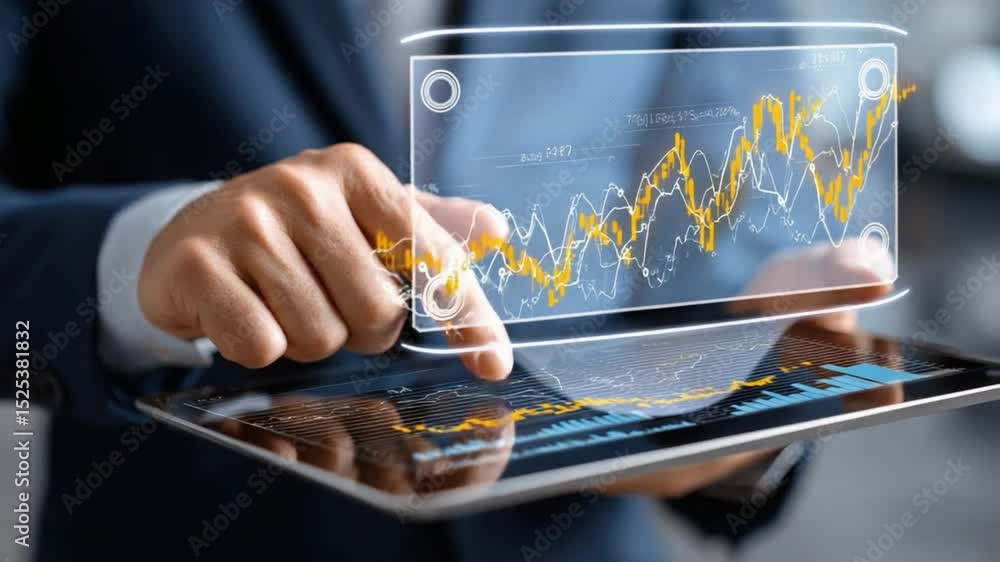 Aufkleber digital insights: an executive meticulously analyzes a transparent digital screen, visualizing intri