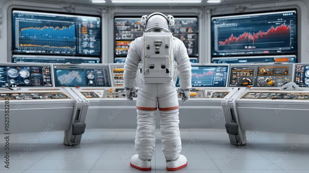 Poster astronaut inside futuristic control room: an astronaut stands within a cutting-edge, futuristic cont