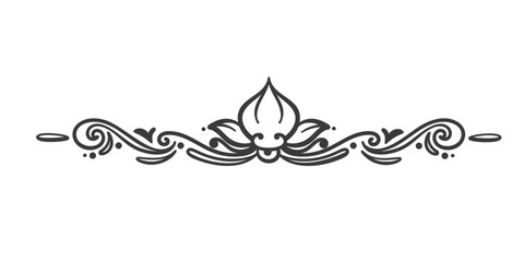 Ornate vintage divider ornament for invitations, menus, or decorative designs. Features flowing, symmetrical lines with teardrop center. Vector illustration of stylish divider on white background.
