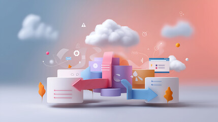 Obraz premium SaaS workflow with cloud icons, arrows, software layers and abstract background