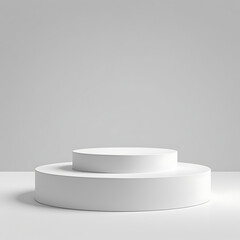 White Cylindrical Two-Tiered Pedestal Display on White Background.