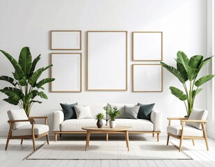 Bright living room with gallery wall white sofa armchairs and tropical plants