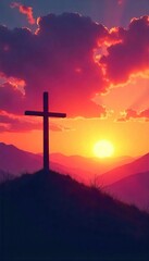 Serene landscape with a cross silhouetted against a vibrant sunset, conveying peace, hope, and faith Perfect for religious themes, Easter, or inspirational projects , easter, hills