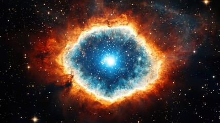 Naklejka premium Stunning cosmic nebula with vibrant colors and intricate details, showcasing bright stars and swirling gases in a vast universe, representing the beauty of space exploration and discovery