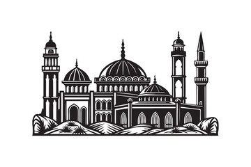 Fototapeta premium Umayyad Mosque Silhouette of Historic Vector Illustration of the Great Mosque of Damascus with Iconic Courtyard Arches and Minaret Towers on White Background.
