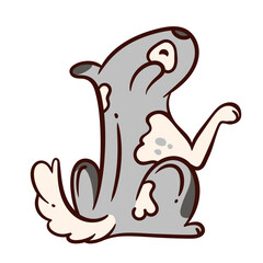 Doodle happy grey dog with beige spots, scratching itself with a paw raised. Cute cartoon dog is sitting, playful, and cheerful. Vector illustration for sticker of pet or fun mascot.