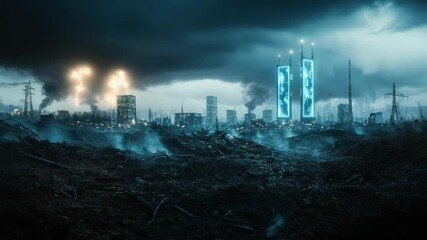 A dark, dystopian cityscape with stormy skies, lightning, futuristic towers, smoke, and a ruined foreground. - Powered by Adobe