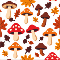 Mushroom and Autumn Leaves Pattern-Whimsical Fall Design-Cute Cartoon Mushrooms-Colorful Leaf Illustration-Nature Inspired Vector Art-Forest Themed Graphic