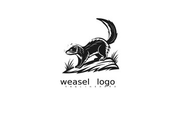 Fototapeta premium Wildlife vector logo in black and white featuring elegant weasel with crescent moon and natural grass for rustic branding, outdoor eco product identity, and nature-inspired packaging designs.