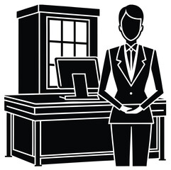 Businesswoman at desk silhouette icon isolated on white background