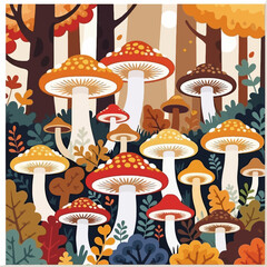 Mushroom Forest Illustration-Whimsical Woodland Scene with Colorful Fungi-Enchanting Nature Art-Perfect for Autumn Decor-Unique Mushroom Artwork-Forest Illustration