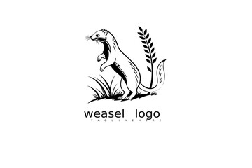 Fototapeta premium Elegant nature vector logo of weasel with grass and moon in monochrome for eco product branding, rustic identity design, and forest-themed wildlife logo illustrations for outdoor businesses.
