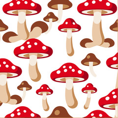 Mushroom Pattern Background-Seamless Design with Red Fly Agaric and Brown Mushrooms-Playful Forest Floor Illustration-Perfect for Textile and Wallpaper Projects