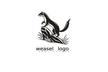Obraz premium Rustic black and white weasel logo design with grass and crescent moon elements for nature product branding, wildlife business identity, and eco-conscious vector illustration use.