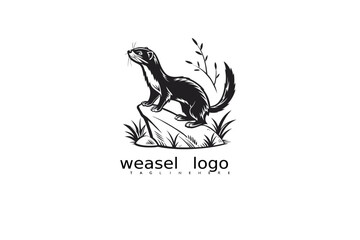 Stylish black and white weasel logo with moon and wild grass for forest business identity, eco packaging design, rustic branding, and elegant wildlife-themed vector illustrations.

