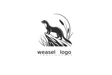 Obraz premium Monochrome weasel logo vector with crescent moon and wild grass, ideal for branding outdoor gear, eco product labels, rustic packaging, and nature-based wildlife business identity logos.