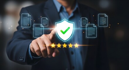 Secure Data Protection Businessman Hand Touching Digital Shield Document Safety Privacy