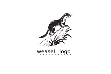 Obraz premium Graceful weasel vector logo in black and white featuring grass and crescent moon for rustic outdoor business identity, eco-conscious product labels, and wildlife-themed brand illustrations.